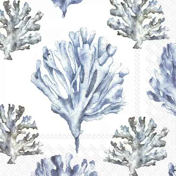 Estampado de algas en la gama de los azules sobre fondo blanco.