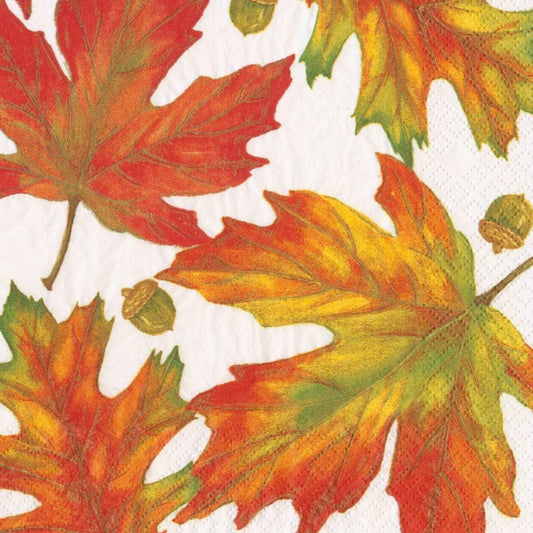 Elegante diseño de hojas de arce en tonos otoñales como naranja, rojo, amarillo y marrón.