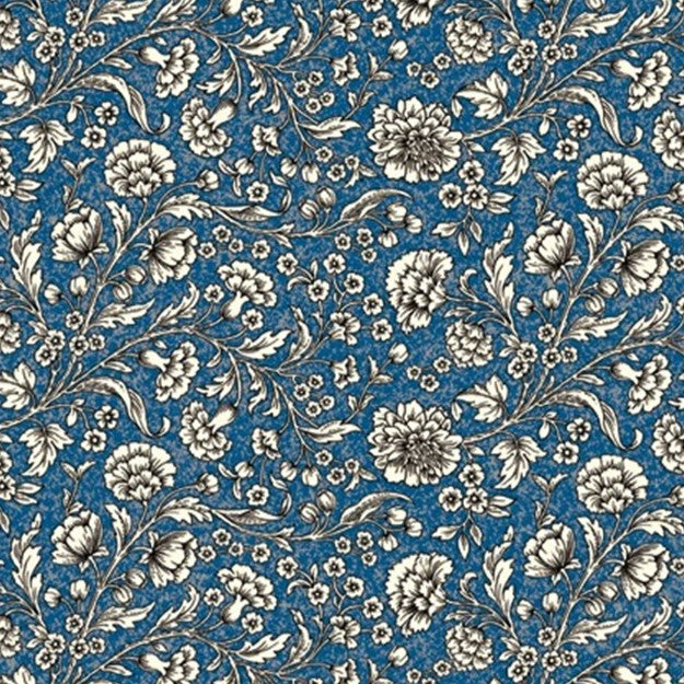 Estampado flora de ramilletes de claveles beige sobre fondo azul