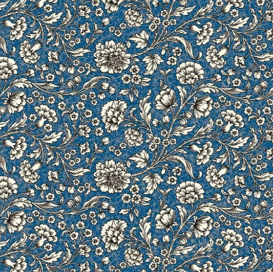 Estampado flora de ramilletes de claveles beige sobre fondo azul