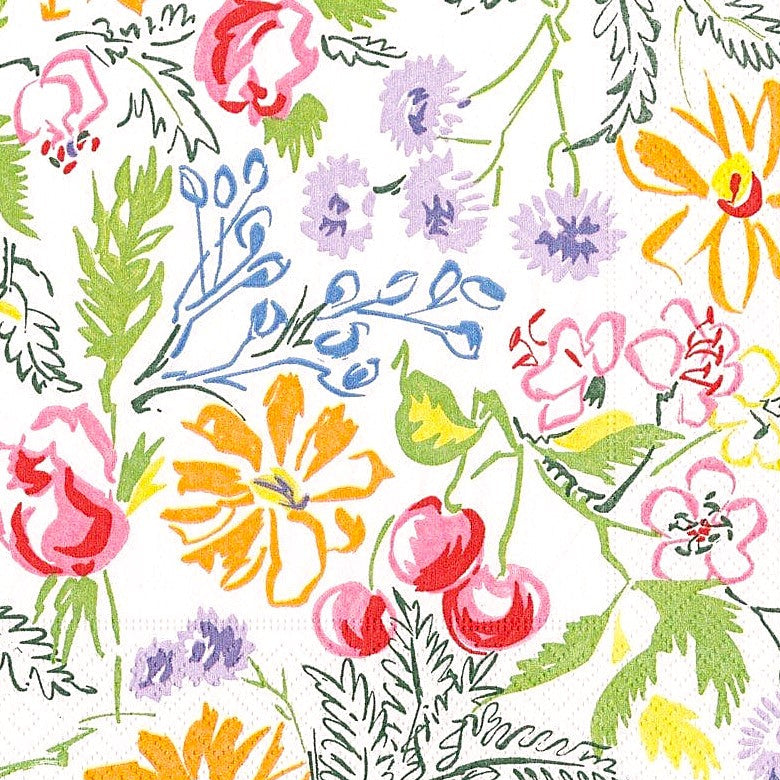 Sobre un fondo blanco destacan flores en tonos vibrantes como el rosa, amarillo, lavanda, rojo y azul, acompañadas de hojas verdes y detalles botánicos. Los racimos de cerezas aportan un toque fresco y divertido.