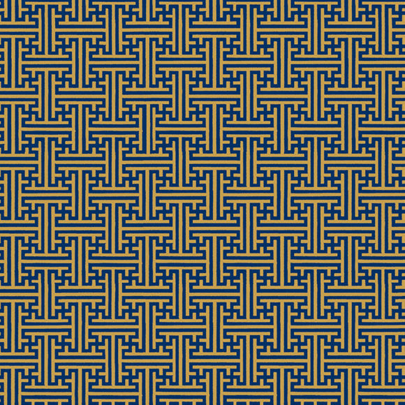 Estampado geométrico de grecas doradas sobre fondo azul oscuro.