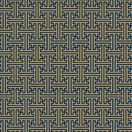 Estampado geométrico de grecas doradas sobre fondo azul oscuro.