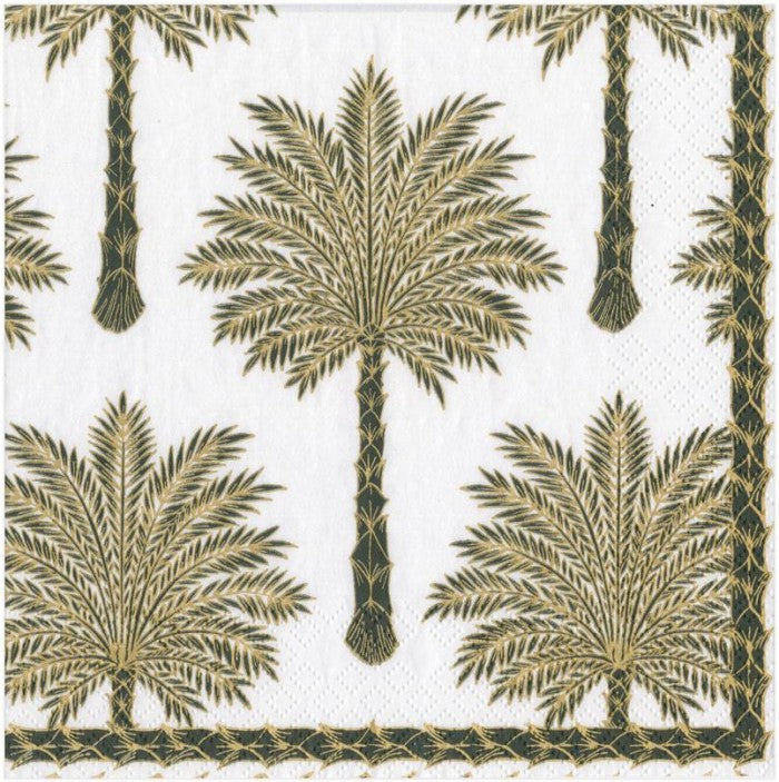 Estampado de palmeras en tonos dorados y marrones, borde decorado con greca, estilo colonial-tropical"