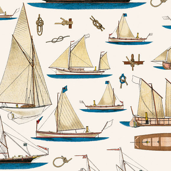 Estampado marinero con veleros clásicos y nudos marineros sobre fondo blanco