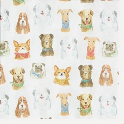 "Patrón de cachorros y perros de diferentes razas con pañuelos coloridos, ilustrados en estilo acuarela sobre fondo claro, ideal para vajilla infantil con técnica decoupage". Ideal para Sets de desayuno temáticos, Platos y bowls (harán el desayuno ,mas divertido) o en vajilla de picnic infantil