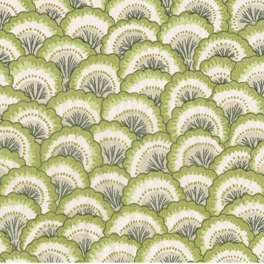 Patrón de abanicos en una paleta verde suave y natural. Tonos sage, oliva y crema que evocan tranquilidad. Estilo más orgánico y relajado, perfecto para el estilo "cottagecore" o vintage natural
Los detalles dorados le dan un toque sofisticado.