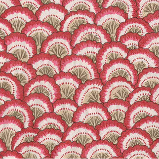 Patrón de abanicos o conchas estilizadas en tonos rojos y dorados
Estilo vintage/retro con influencias Art Déco. Colores cálidos que evocan elegancia y sofisticación. Repetición geométrica que crea armonía visual