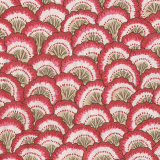 Patrón de abanicos o conchas estilizadas en tonos rojos y dorados
Estilo vintage/retro con influencias Art Déco. Colores cálidos que evocan elegancia y sofisticación. Repetición geométrica que crea armonía visual