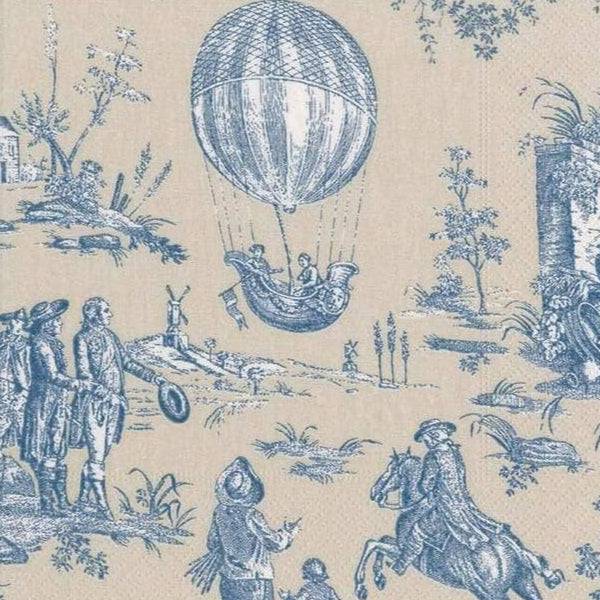 "Patrón toile francés en azul sobre fondo beige con escenas pastorales y globo aerostático del siglo XVIII, ideal para platos y objetos decorativos con técnica decoupage" ideal en bandejas o platos grandes para mostrar todo el patrón y son elegantes para ocasiones especiales.