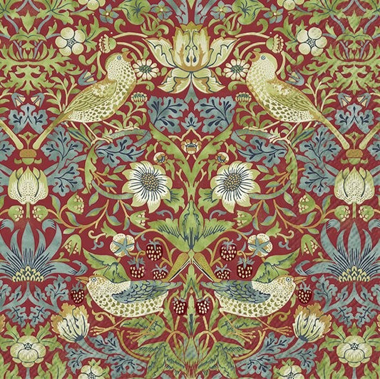 Icónico estampado William Morris con fondo en rojo.