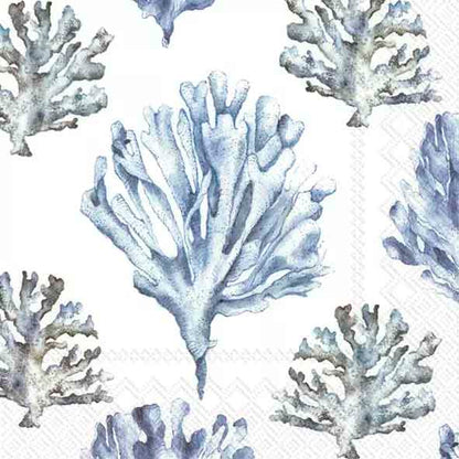 Estampado de algas en la gama de los azules sobre fondo blanco.