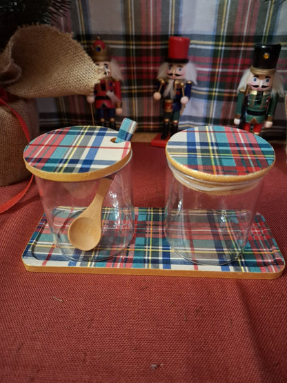 Conjunto 2 botes portatodo con bandeja - Tartan azul - Pieza única