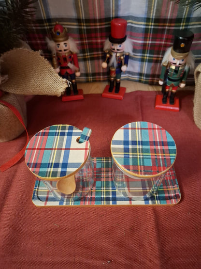 Conjunto 2 botes portatodo con bandeja - Tartan azul - Pieza única