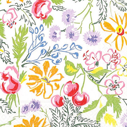 Sobre un fondo blanco destacan flores en tonos vibrantes como el rosa, amarillo, lavanda, rojo y azul, acompañadas de hojas verdes y detalles botánicos. Los racimos de cerezas aportan un toque fresco y divertido.
