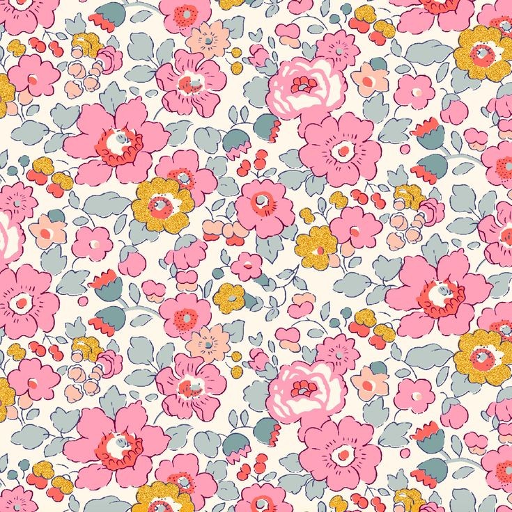 Sobre un fondo marfil suave, florecen delicadas flores en tonos rosa, fucsia, mostaza y melocotón, acompañadas por hojas en un elegante verde grisáceo. Con una estética atemporal que combina lo vintage y lo contemporáneo, las flores, de distintos tamaños, se distribuyen de forma armónica creando un patrón continuo y lleno de vida.