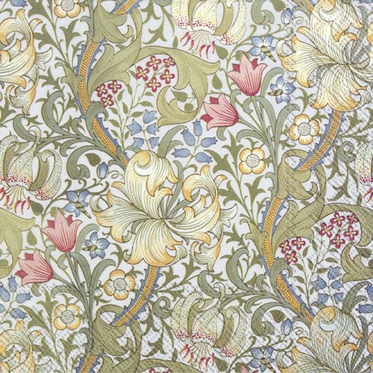 "Estampado William Morris con hojas doradas entrelazadas, flores rojas y azules sobre fondo verde oliva. Patrón victoriano clásico con motivos botánicos estilizados y líneas curvas decorativas."