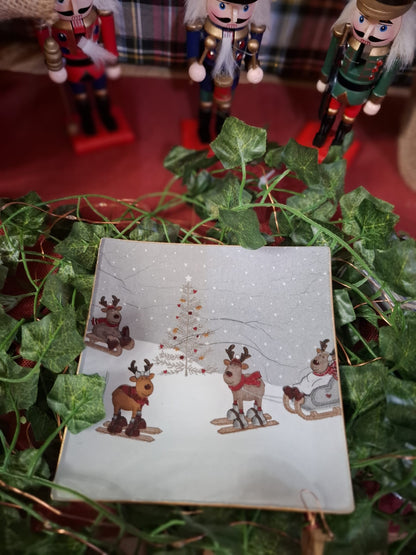 Plato Renos esquiadores navideños - Pieza única