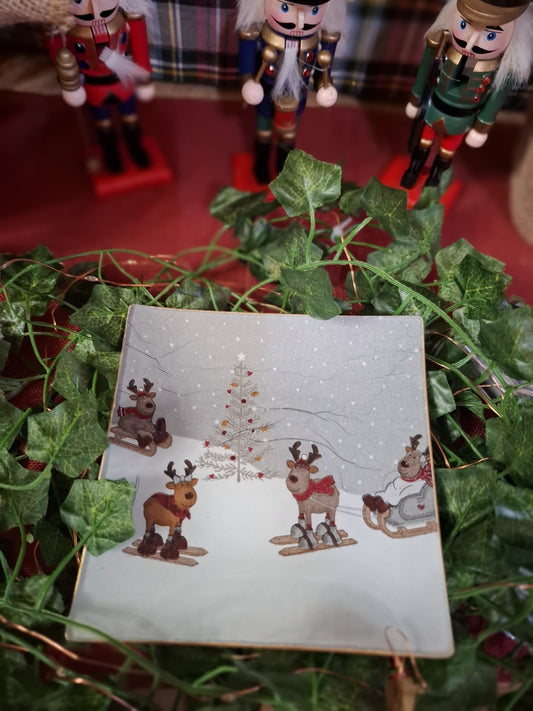 Plato Renos esquiadores navideños - Pieza única