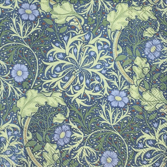 Este diseño es majestuoso. Un fondo muy oscuro , hojas de acanto de color verde oliva pálido, delicadas flores azul lavanda y   ramas y tallos beige claro, con textura punteada, serpentean entre los elementos, creando ritmo visual.