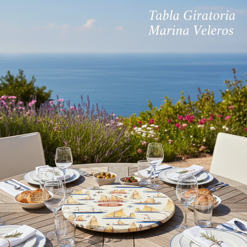 "Mesa de comedor al aire libre con tabla giratoria Marina Veleros, decorada con platos de aperitivos y copas de vino, con vistas al mar Mediterráneo y jardín de flores"