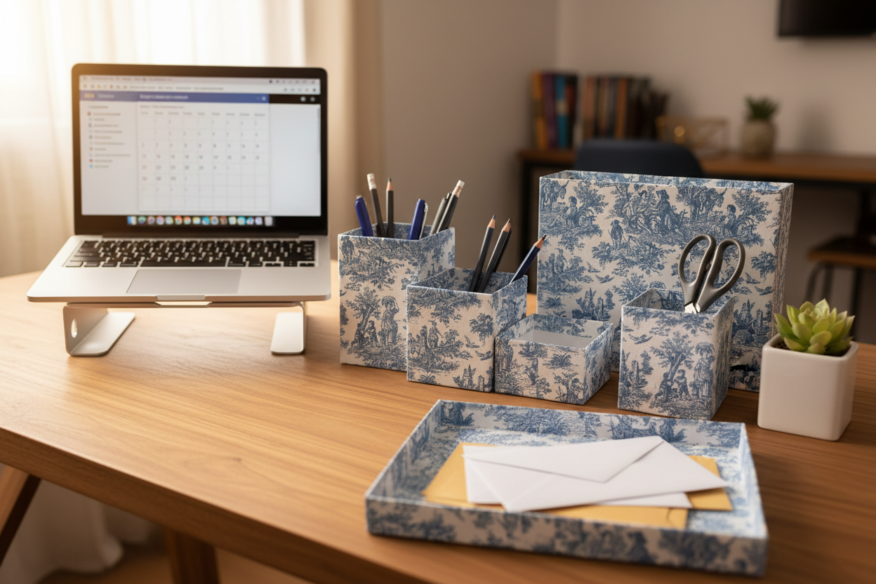 Set de escritorio découpage Toile de Jouy azul en oficina en casa con bandeja y tres botes organizadores