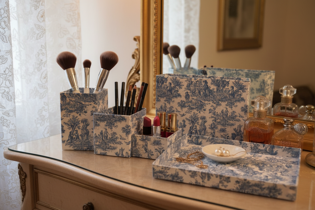 Set découpage Toile de Jouy azul en tocador con brochas de maquillaje y perfumes