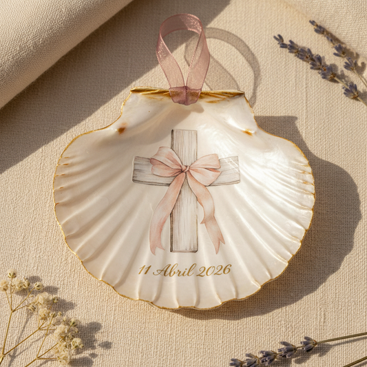 Concha bautismal con cruz de madera y lazo camel personalizable con fecha