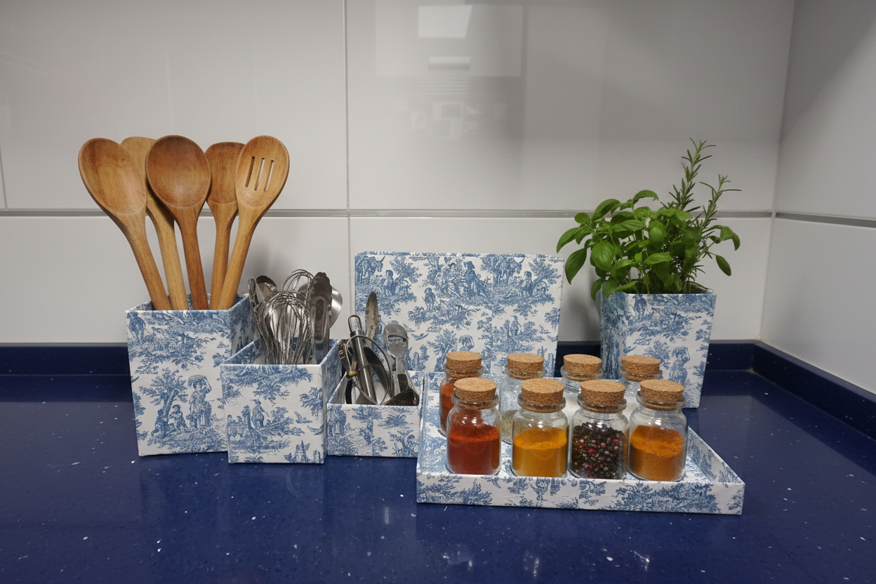 Set découpage Toile de Jouy azul en cocina con utensilios