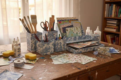 Set de escritorio découpage Toile de Jouy azul en mesa de taller con pinceles, tijeras y papeles decorativos