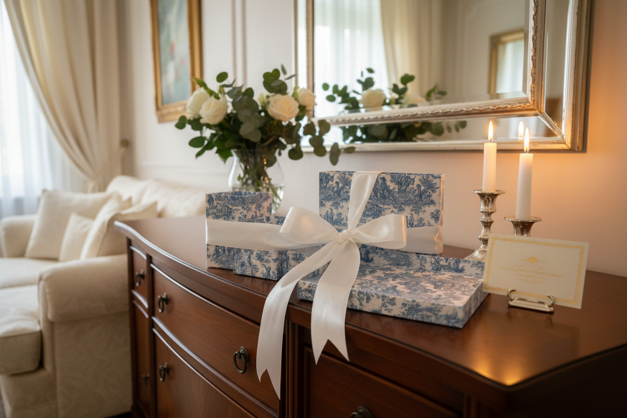 Set découpage Toile de Jouy azul presentado como regalo con lazo de satén
